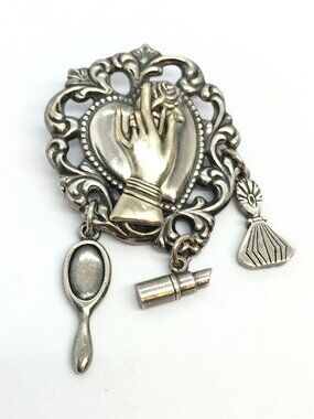 VINTAGE VANITY BROOCH Hand Heart Lipstick Perfume Brush Victorian Revival